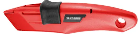 FACOM — Cutter sécurisé lame auto-rétractable - 844.D - rappel automatique de la lame en fin d' application , corps en zamac. Bouton poussoir en ABS avec positionnement du pouce en frontal ou en latéral.