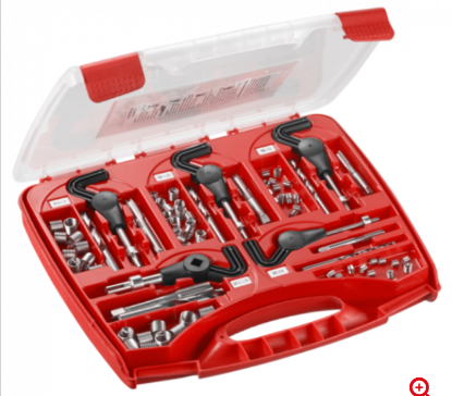 FACOM — Composition pour la réparation des filetages - insert inox M5, M6, M8, M10, M12. Tarauds spéciaux pour réparer les filetages M5, M6, M8, M10, M12. Forets spéciaux pour réparer les filetages M5, M6, M8, M10, M12. Outils mixtes (montage des inserts et tourne à gauche) pour les inserts M5, M6, M8, M10, M12. Outils "casse embout" magnétiques pour les inserts M5, M6, M8, M10, M12.