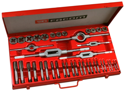 FACOM — Composition de 41 outils : 24 tarauds au cobalt, 12 filières et 5 porte-outils.