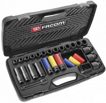 FACOM — Coffret de douilles à chocs 1/2", courtes et longues, 23 pièces.