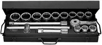 FACOM — Coffret de douilles 3/4", 12 pans métriques, de 34 à 55 mm.